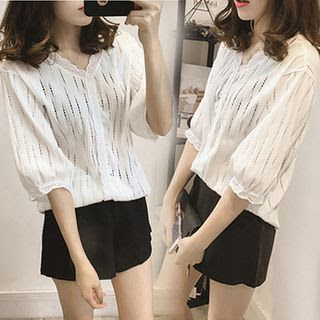 Sancus Scallop Trim Elbow-Sleeve Blouse