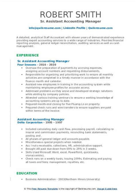 Since you don't have work experience, your professional summary should . Assistant Accounting Manager Resume Samples | QwikResume