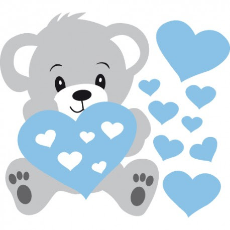 Stickers Nounours Gris Et Coeurs Bleus Pour Bebe Garcon Decorecebo