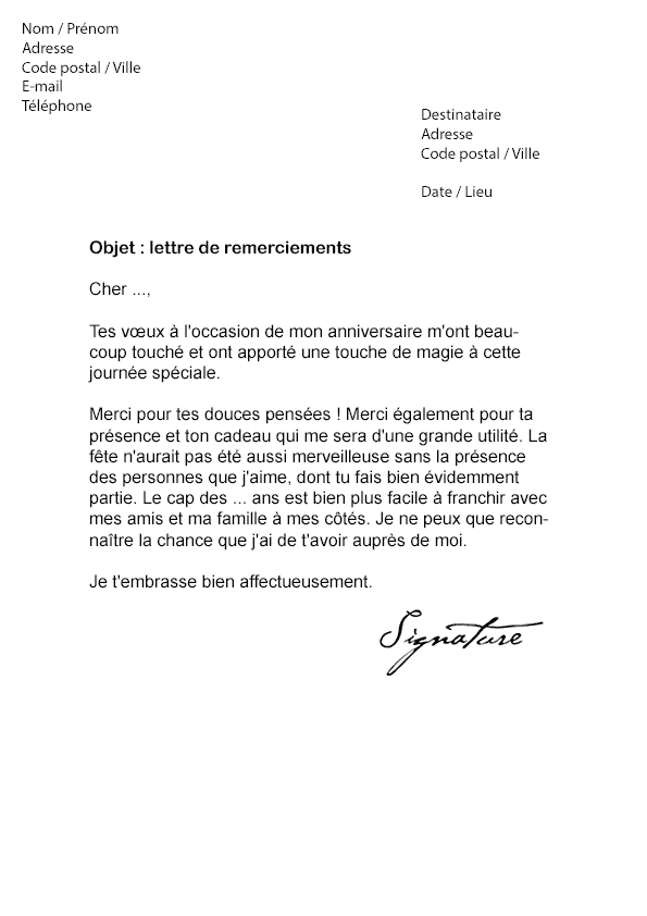 Lettre de remerciement suite à un Anniversaire - Modèle de 
