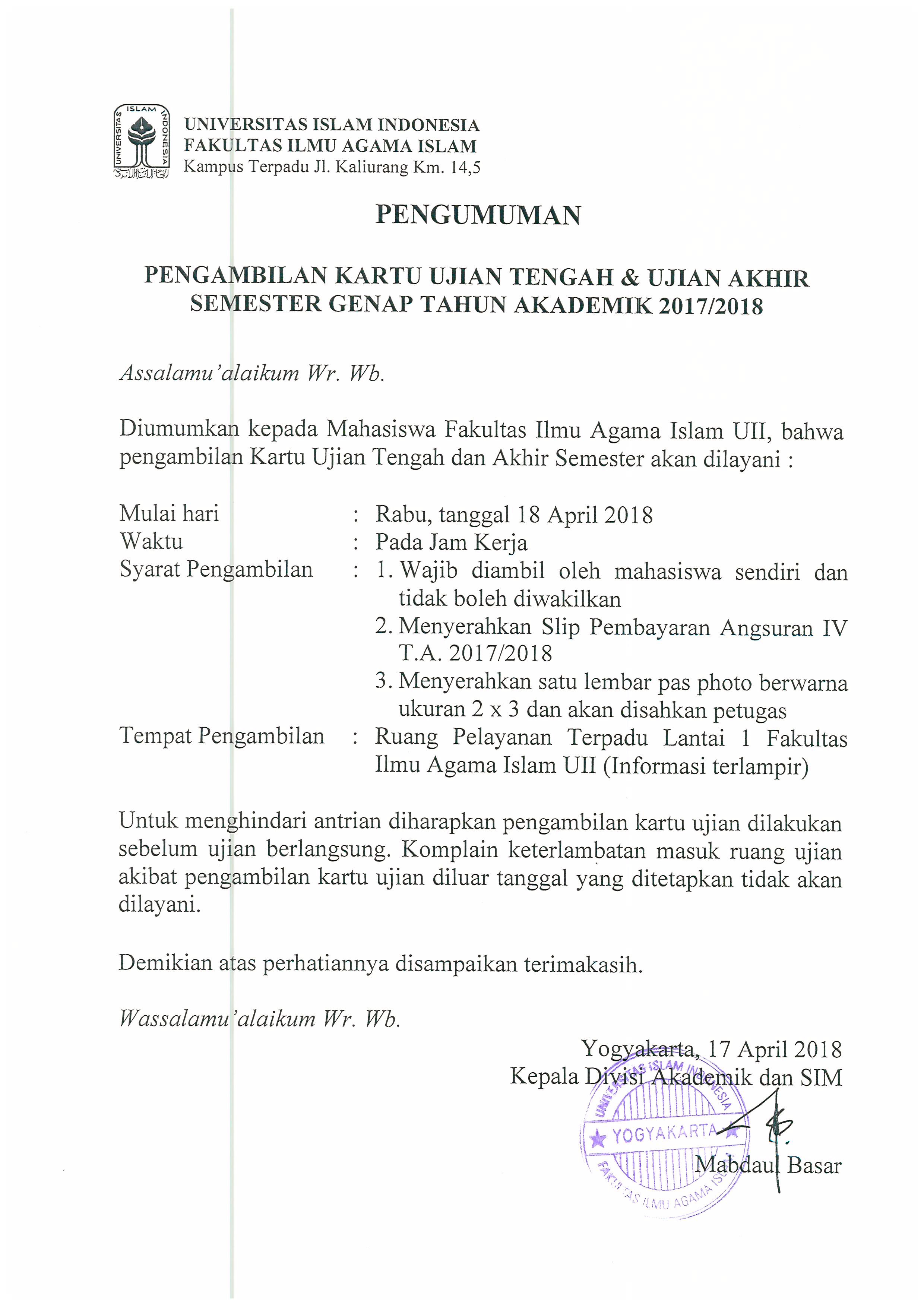 Pengumuman pengambilan kartu