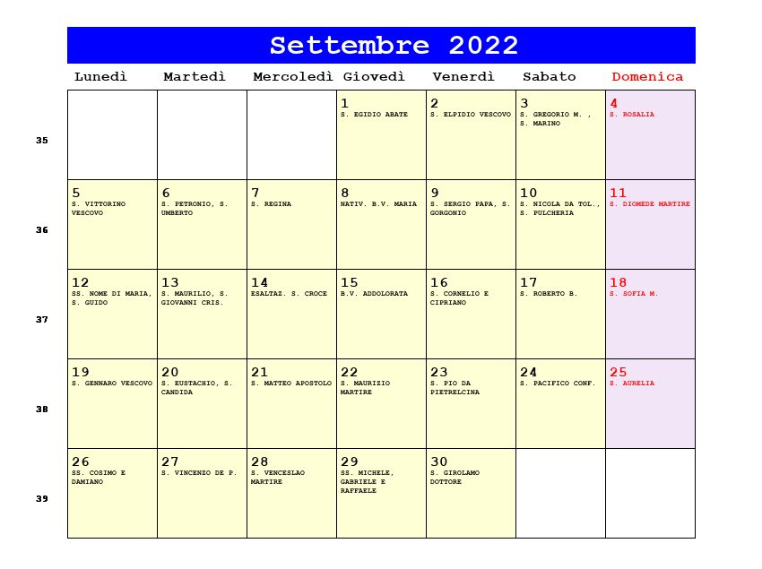 Calendario Quintana Settembre 2022