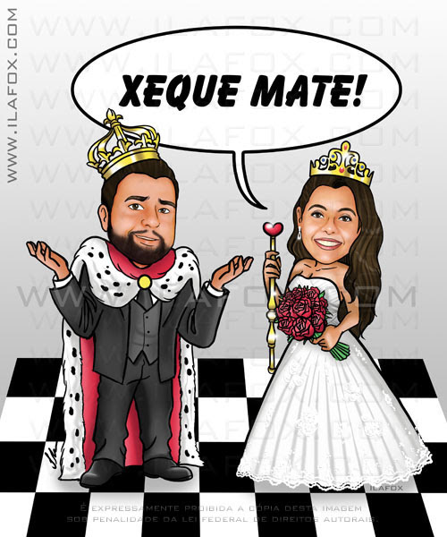 caricatura noivos, casal, rei e rainha, cheque mate, no tabuleiro de xadrez, caricatura para casamento by ila fox