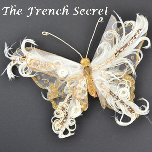 Chic Christmas 2 Champagne Ivory Butterfly Ornament Topper Decoration Shabby French Country Victorian Xmas Tree Centerpiece Wreath