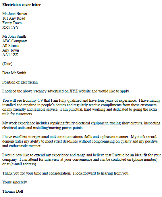 How to write a cover letter for electrician job