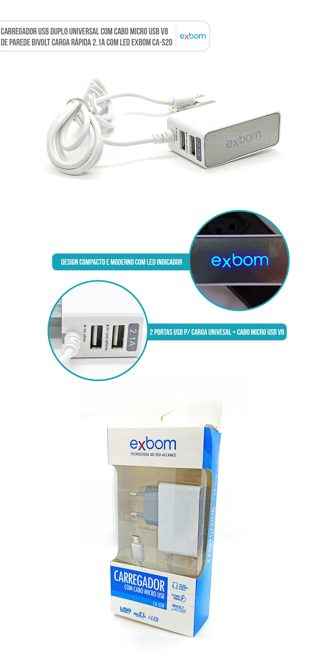 Carregador de Tomada para Celular com 2 Portas USB e Cabo | Mundoware