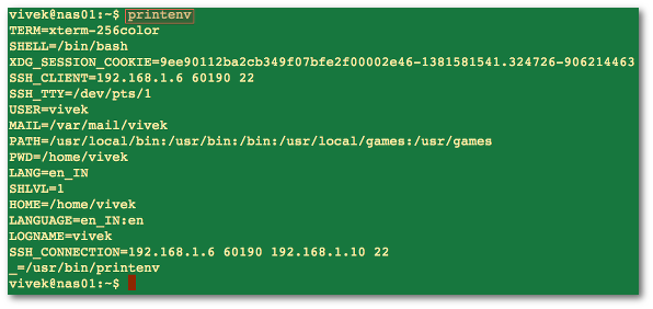 Fig.01: Command to see a list of all currently defined environment variables in a Linux bash terminal