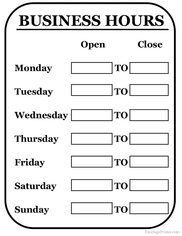printable business hours sign