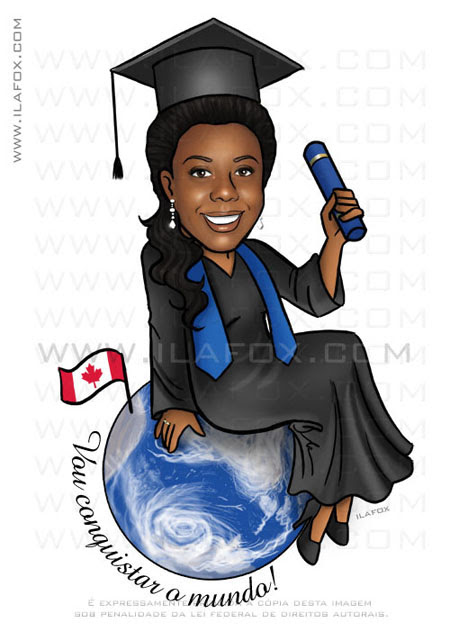 Caricatura formanda Relações Públicas, caricatura moça negra vestindo Toga de formatura, bandeirinha canadá, by ila fox