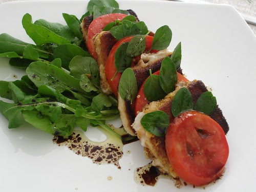 Crispy goat’s cheese, tomato and basil salad