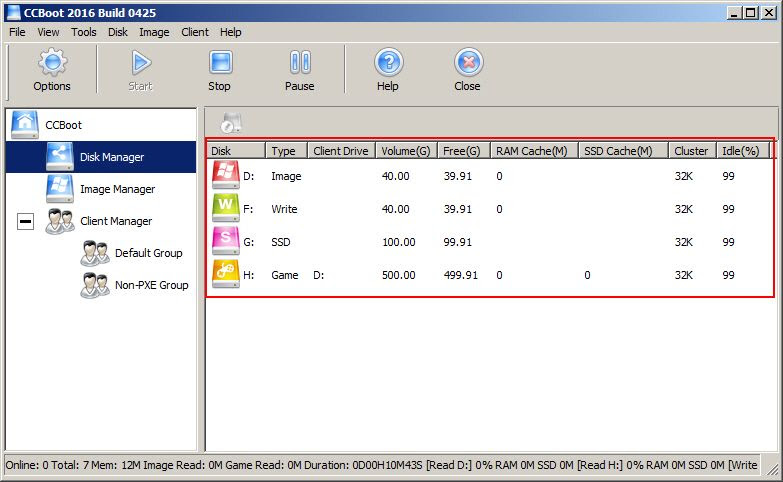 Server Main Interface "Disk List, Image Manager and Client List, Status Bar".