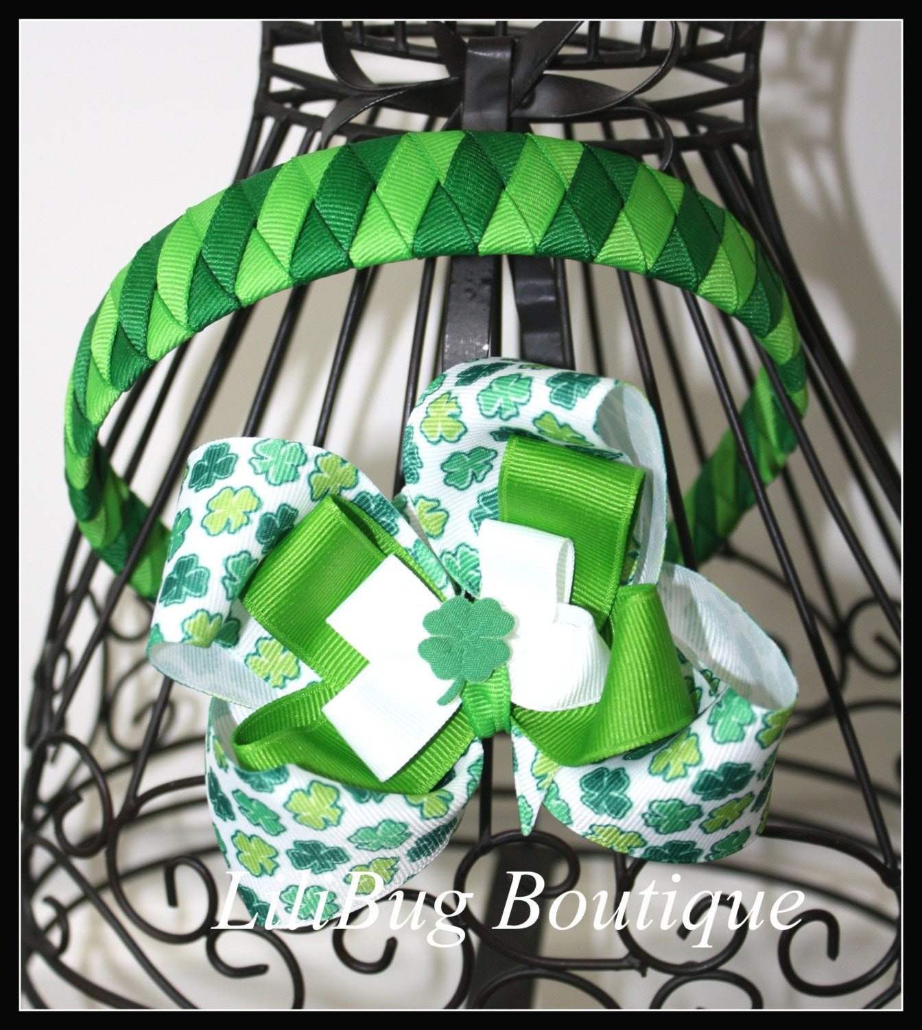 LiliBug Shamrock St Patricks Day Woven Headband and Hairbow Set