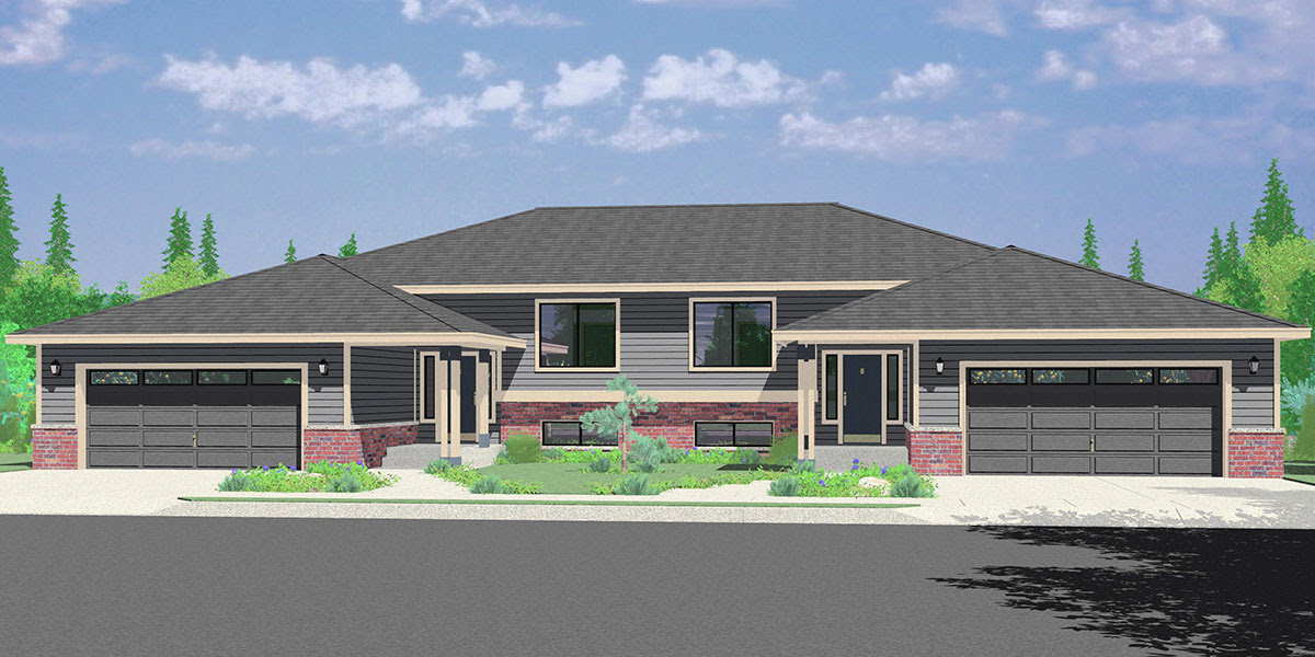 Duplex House Plans, Split Level Duplex House Plans, D-492