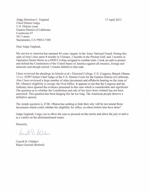 Letter from Major General Childers