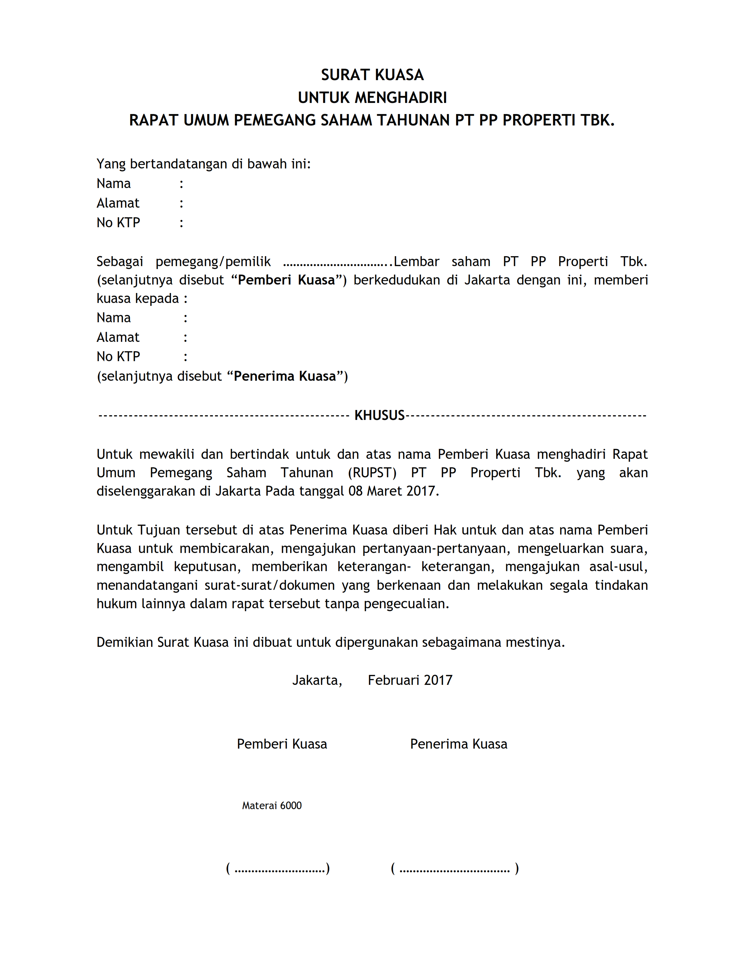 Contoh Surat Kuasa Untuk Menghadiri Rapat Umum Pemegang 