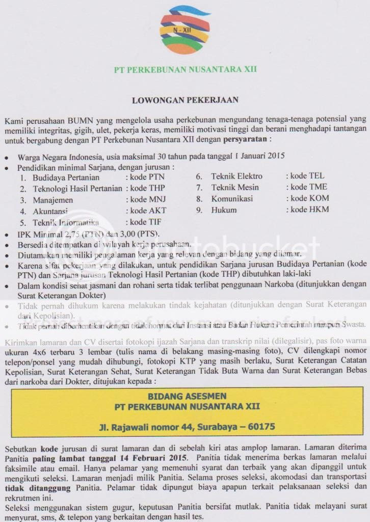 Lowongan Kerja dan Rekrutmen PTPN XII Terbaru Mei 2016 