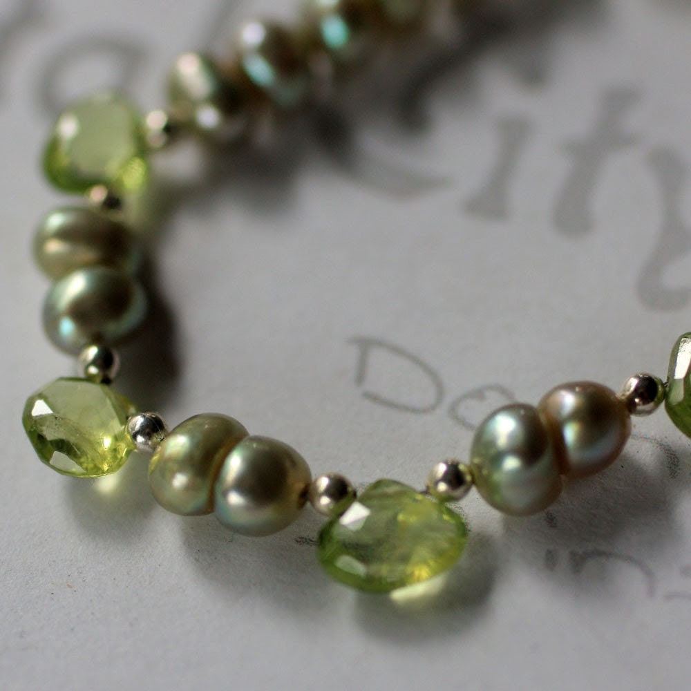 peridot and pearl necklace in sterling silver