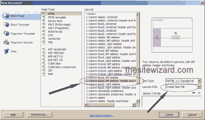 The New Document window in Dreamweaver Picture of New Document window in Dreamweaver