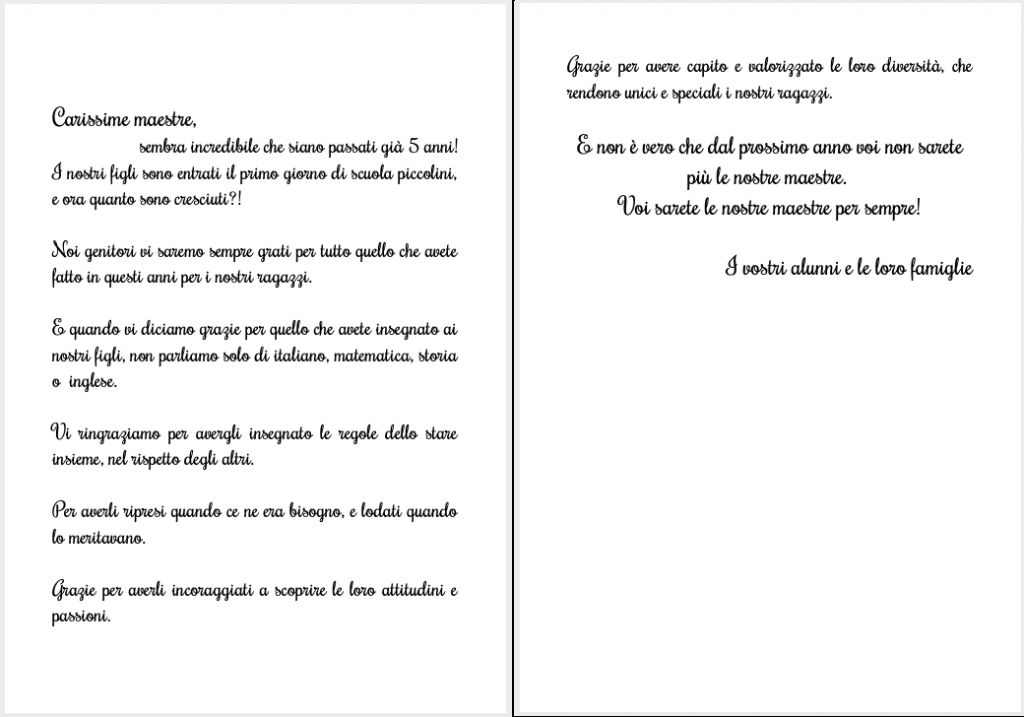 Lettera ringraziamento maestre quinta elementare - Mammarum