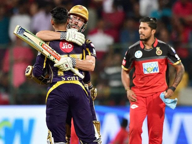 Kolkata Knight Riders Chris Lynn and Subhuman Gill celebrates win over  Royal Challengers Bangalore during IPL 2018 match at Chinnaswamy Stadium in Bengaluru on Sunday