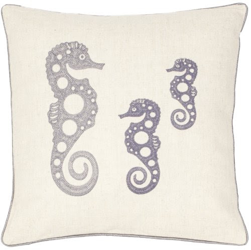 Safavieh Pillow Collection Regal Seahorses 18-Inch Cream and Blue-Grey Embroidered Decorative Pillows, Set of 2
