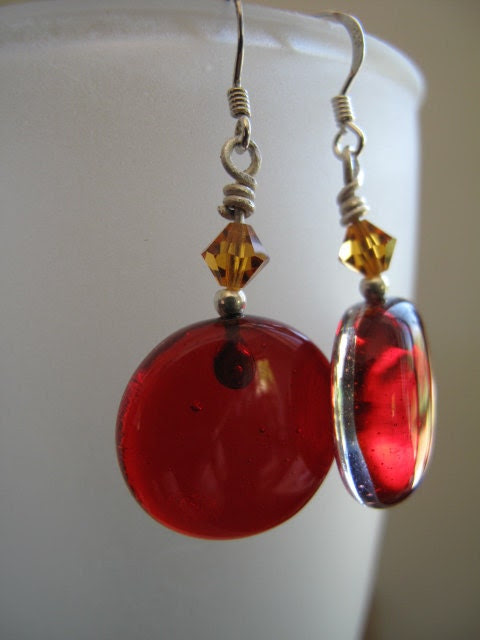 Transparent Red Fused Glass Earrings with Amber Swarkovski Crystals