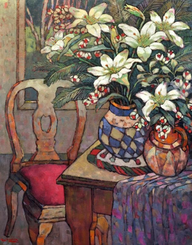 'Exotic Flowers and Pottery with Table And Chair'
