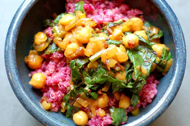 Cumin-scented quinoa with beets topped with curried chickpeas and beet greens by Eve Fox, Garden of Eating blog, copyright 2011