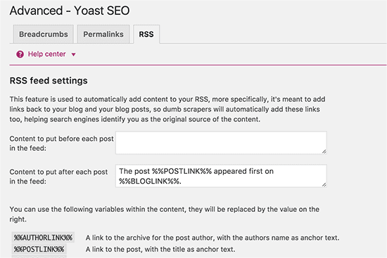 WordPress SEO plugin RSS header and footer settings