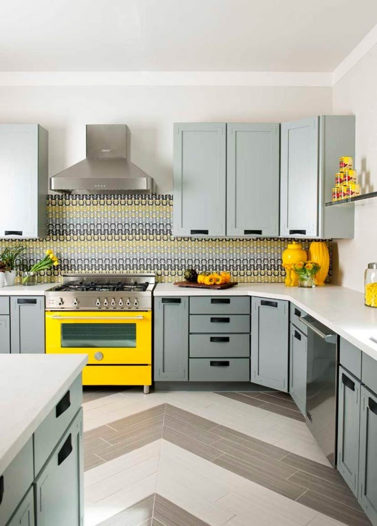 gray cabinets. yellow oven  Kitchen  Pinterest