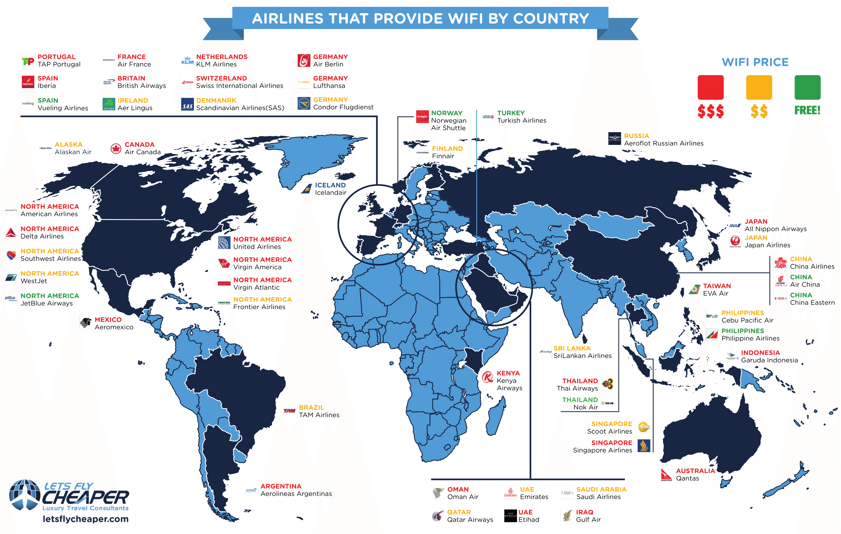 Aerolíneas que disponen de WiFi por países