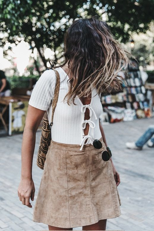 Le Fashion Blog Blogger Style Modern Boho Summer Look Layered Necklaces White Ribbed Triple Tie Front Top Brown Suede Skirt Via Collage Vintage