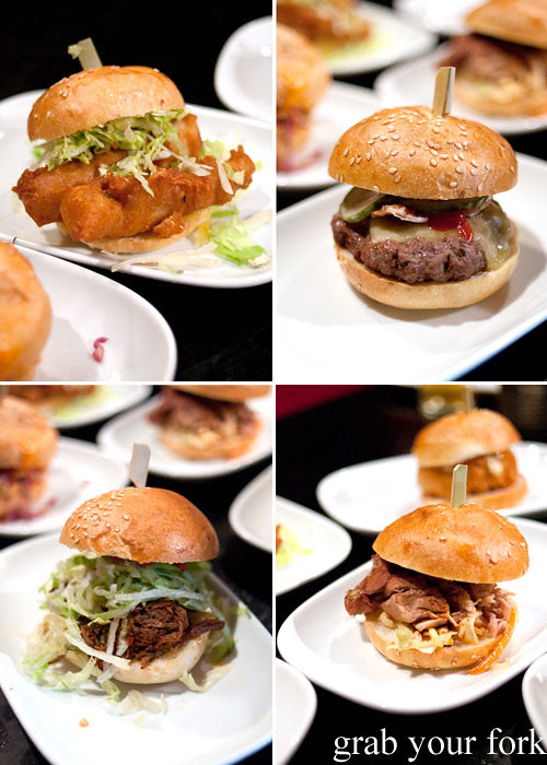 fishburger cheeseburger pork belly burger and slow cooked burger at The Norfolk Surry Hills