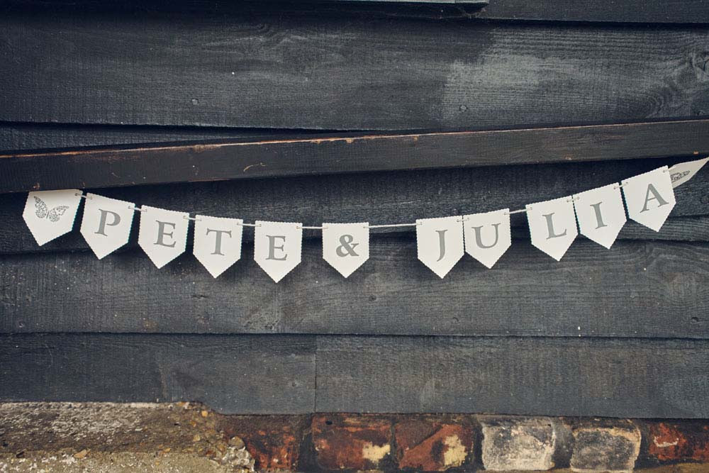 Rustic Bunting wedding sign at Sproughton Tithe Barn, Suffolk Wedding photography - www.helloromance.co.uk