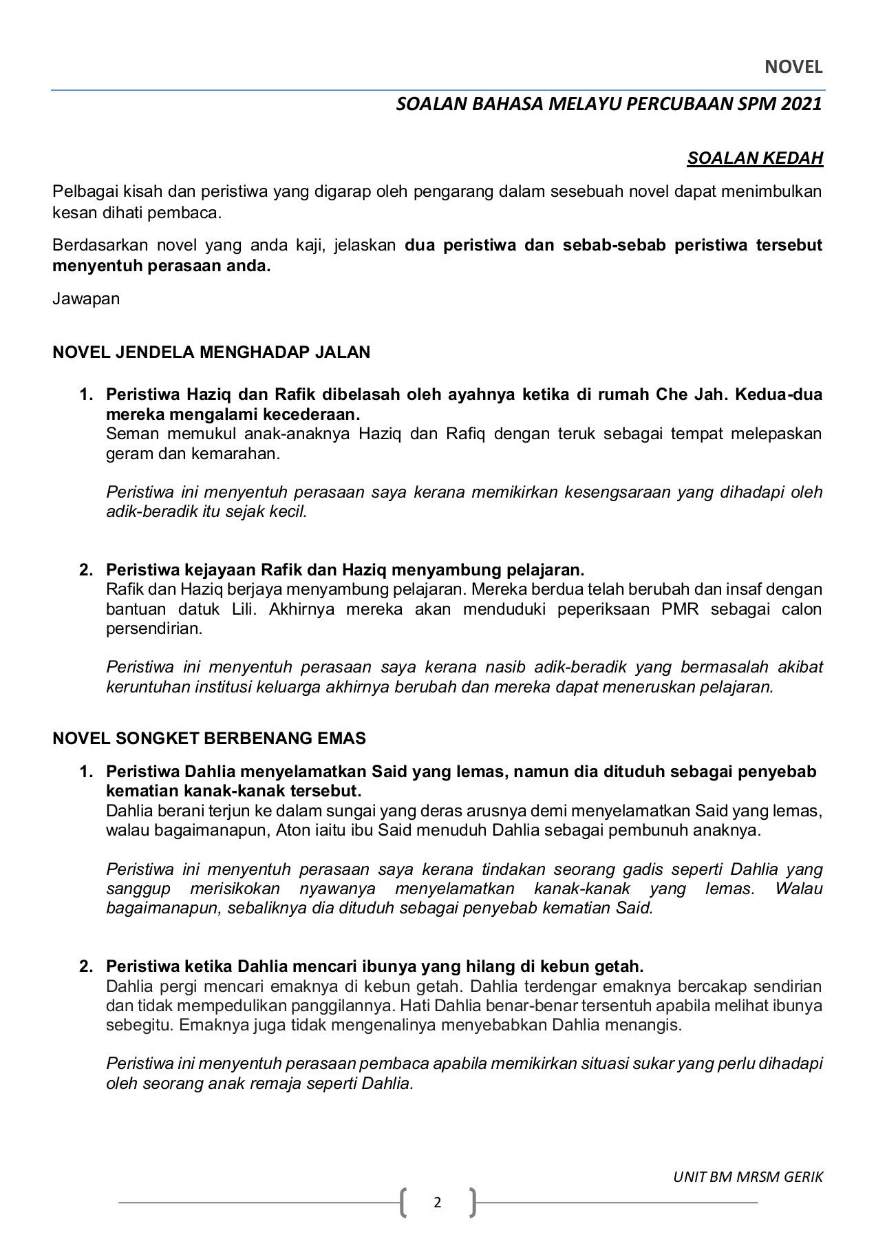 Koleksi Soalan Novel Percubaan Spm 2021