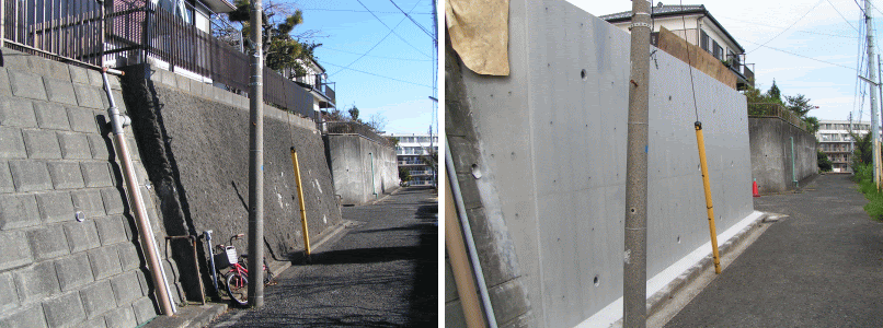 擁壁工事 車庫工事 L型擁壁 間知ブロック 地下車庫 マツケン