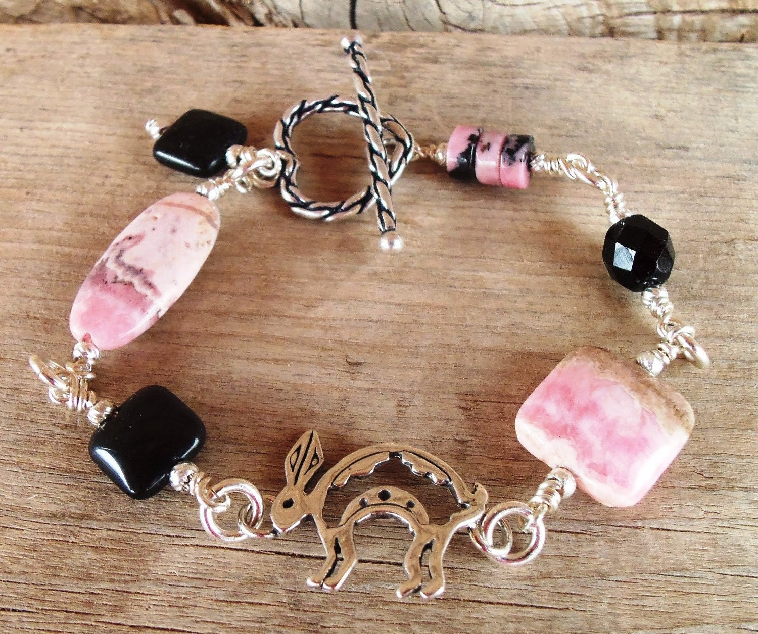 SILVER BUNNY Rhodonite and Black Agate Bracelet