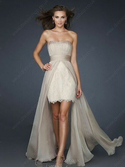 A-line Strapless Chiffon Floor-length Lace Prom Dresses
