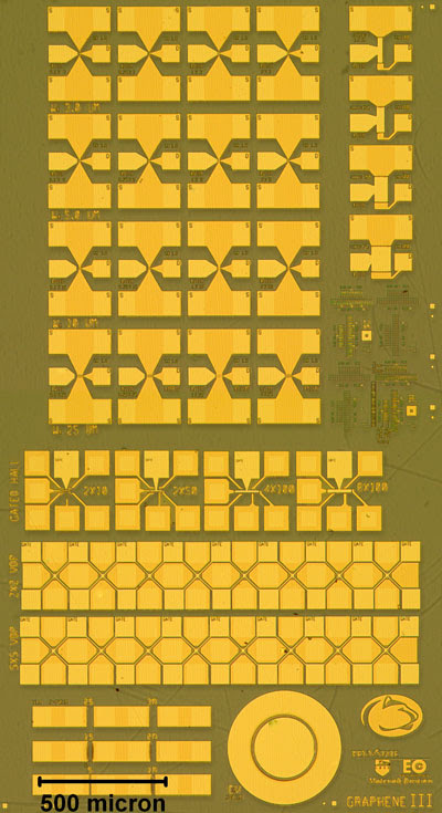 Optical image of transistors and structures to test device performance on hydrogenated epitaxial graphene