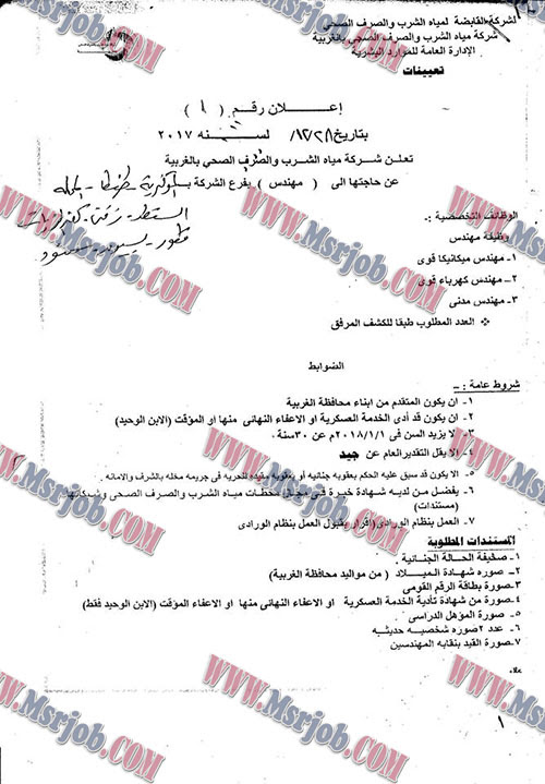 وظائف شركة مياه الشرب والصرف الصحي بالغربية - اعلان رقم 1 لسنة 2017