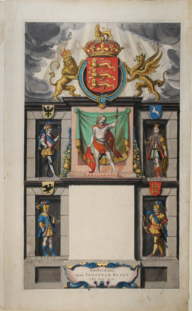 Incomplete hand-painted titlepage (Blaeu): military figures in monument alcoves and coat of arms above