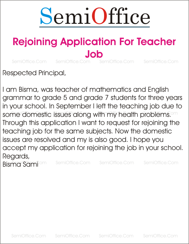Application for Rejoining The Teaching Job in School