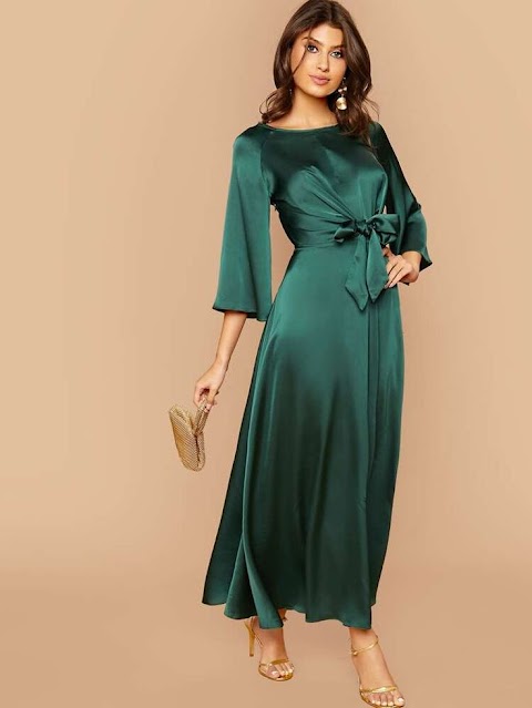 Raglan Sleeve Tie Front Flare Satin Dress