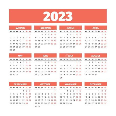  2023 calendar with the weeks start on sunday stock vector