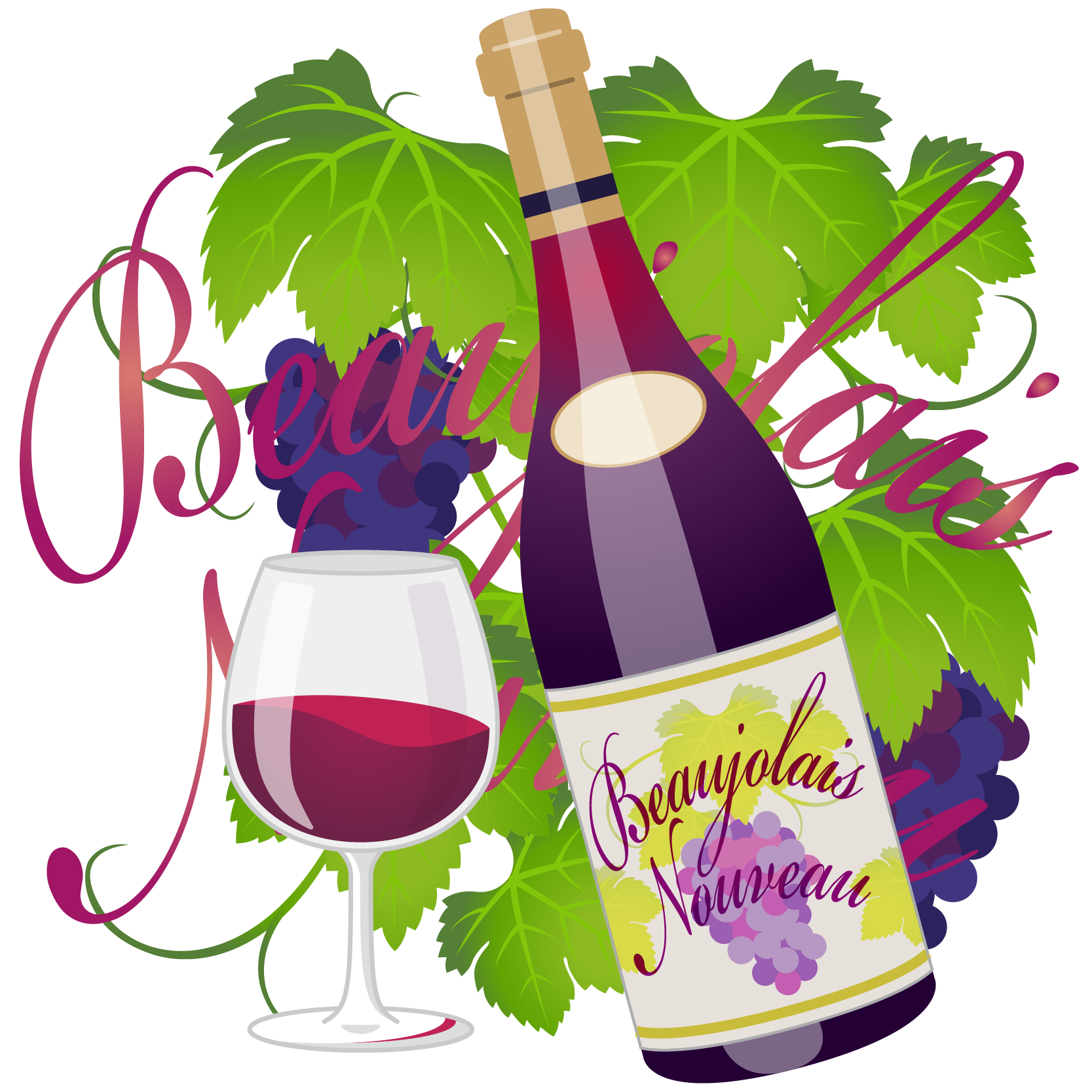 商用フリーイラスト 11月 ボジョレーヌーボー ワイン 赤 ボトル グラス ぶどう 文字 Beaujolais Nouveau 商用ok フリー素材集 ナイスなイラスト