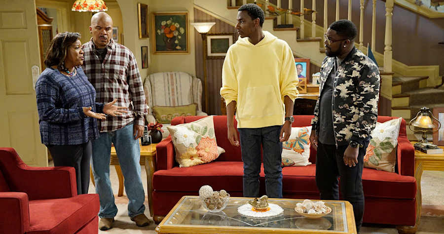 THE CARMICHAEL SHOW -- "Yes Means Yes" Episode 302 -- Pictured: (l-r) Loretta Devine as Cynthia Carmichael, David Alan Grier as Joe Carmichael, Jerrod Carmichael as Jerrod Carmichael, Lil Rel Howery as Bobby Carmichael -- (Photo by: Chris Haston/NBC)