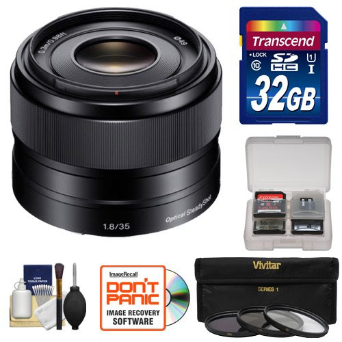 Sony Alpha E-Mount 35mm f/1.8 OSS Lens with 32GB Card + Case + 3 Filters + Kit for A7, A7R, A7S, A3000, A5000, A5100, A6000 Cameras