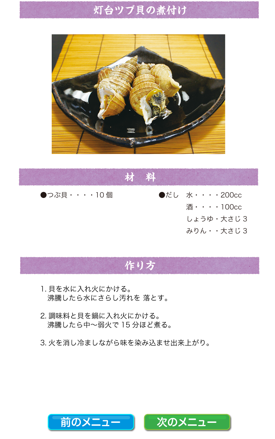 亀吉商店のおいしいお魚レシピ 灯台ツブ貝の煮付け