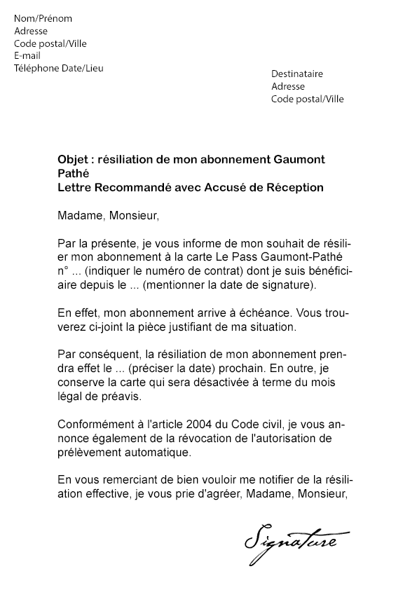 Lettre de résiliation Gaumont Pathé - Modèle de Lettre