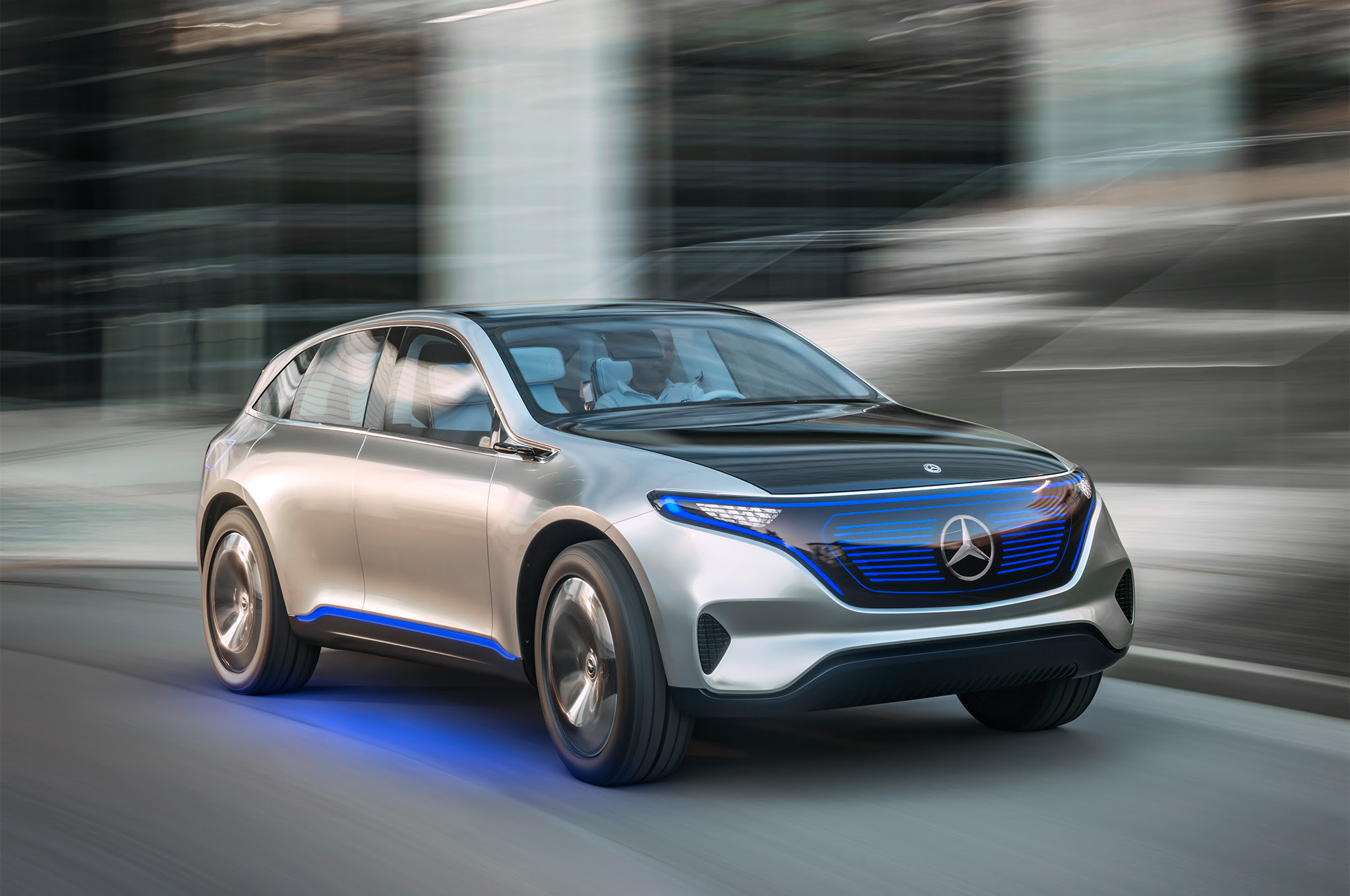 Mercedes Benz Generation EQ electric car front three quarter in motion 02
